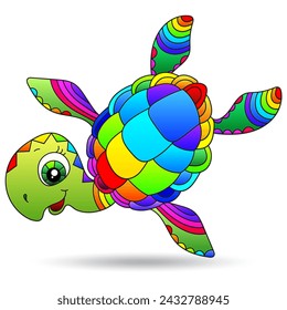 Illustration in the style of stained glass with cute cartoon turtle, animal isolated on a white background