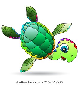 Illustration in the style of stained glass with cute cartoon turtle, animal isolated on a white background