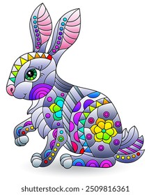 Illustration in the style of stained glass with cute rabbit, isolated on a white background