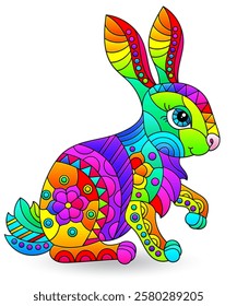Illustration in the style of stained glass with cute rabbit, isolated on a white background