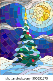 Illustration in the style of stained glass, decorated Christmas tree on the background of snow and night sky with the moon