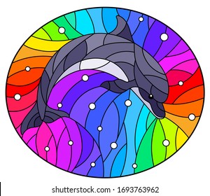 Illustration in the style of stained glass with dolphin on a rainbow background  and air bubbles