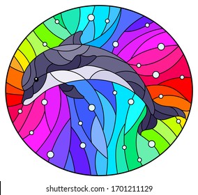 Illustration in the style of stained glass with dolphin on a rainbow background  and air bubbles