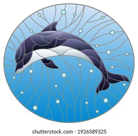 Illustration in the style of stained glass with dolphin on a water background and air bubbles, oval image