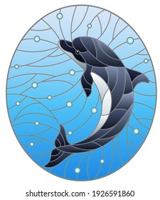 Illustration in the style of stained glass with dolphin on a  background of water and air bubbles, oval image