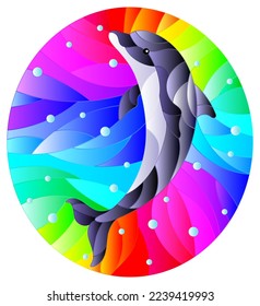 Illustration in the style of stained glass with dolphin on a rainbow background  and air bubbles