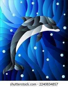 Illustration in the style of stained glass with dolphin on the background of water and air bubbles
