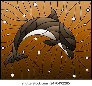 Illustration in the style of stained glass with dolphin on the background of water and air bubbles, tone brown