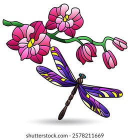 illustration in the style of stained glass with dragonflY and orchid flowers, animal isolated on a white background