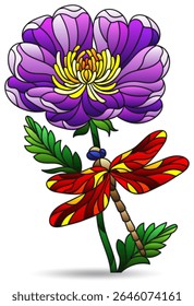 Illustration in the style of stained glass with dragonfly on flower, figure isolated on a white background