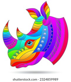 Illustration in the style of stained glass with the face of bright rhino, animal isolated on a white background