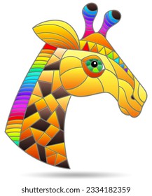 Illustration in the style of stained glass with the face of bright giraff, animal isolated on a white background