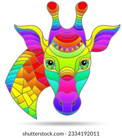 Illustration in the style of stained glass with the face of bright giraffe, animal isolated on a white background