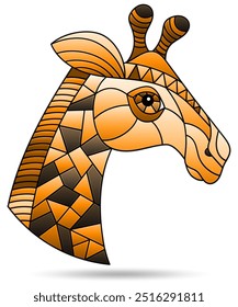 Illustration in the style of stained glass with the face of giraff, animal isolated on a white background, tone brown