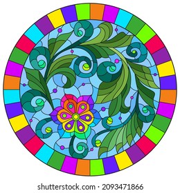 Illustration in the style of stained glass with floral ornament, flowers and leaves in a bright frame, round image