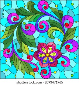 Illustration in the style of stained glass with floral ornament, flowers and leaves on a blue background, square image