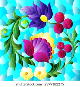 Illustration in the style of stained glass with floral ornament, flowers, leaves and berries on a blue background, square image