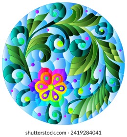 Illustration in the style of stained glass with floral ornament, flowers and leaves, round image