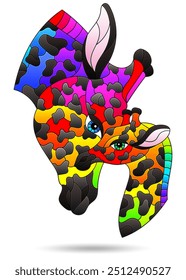 Illustration in the style of stained glass with giraffes, animals isolated on a white background