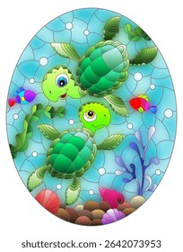 Illustration in the style of stained glass with green cartoon turtles on the background of the sea floor, fish and water, oval image