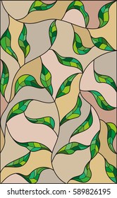 Illustration in the style of stained glass with green leaves  on a brown background
