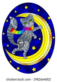 Illustration in the style of stained glass with a grey cat on the moon against the background of the starry night sky,oval 