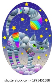 Illustration in the style of stained glass with a grey cat on the cloud against the background of the starry night sky, oval image 