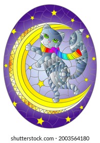Illustration in the style of stained glass with a grey cat on the moon against the background of the starry night sky,oval 