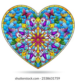 Illustration in the style of stained glass with heart with butterflies and flowers, isolated on a white background