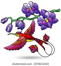 Illustration in the style of stained glass with hummingbird bird and orchid flowers, animal isolated on a white background