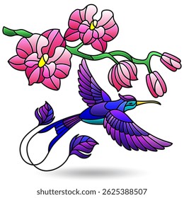 Illustration in the style of stained glass with hummingbird bird and orchid flowers, animal isolated on a white background