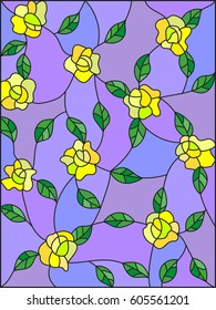 Illustration in the style of stained glass with intertwined yellow roses and leaves on a purple background
