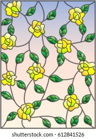 Illustration in the style of stained glass with intertwined yellow roses and leaves on a sky background