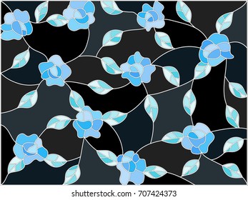 Illustration in the style of stained glass with intertwined blue roses and leaves on a dark background