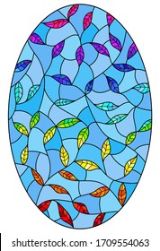 Illustration in the style of stained glass with leaves painted in a rainbow on a blue background, oval image