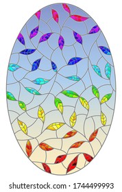 Illustration in the style of stained glass with leaves painted in a rainbow on a blue background, oval image