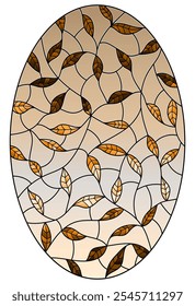 Illustration in the style of stained glass with leaves painted in a rainbow on a blue background, oval image, tone brown