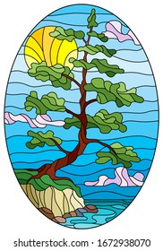 Illustration in the style of stained glass with a lone pine tree standing on the Bank on the background of sky, sun and water, oval image