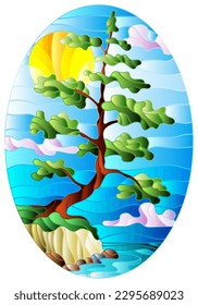 Illustration in the style of stained glass with a lone pine tree standing on the Bank on the background of sky, sun and water, oval image