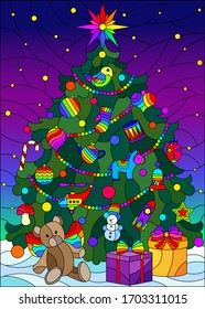 Illustration in the style of stained glass on the theme of winter holidays, elegant Christmas tree, against the background of the winter night sky