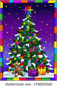 Illustration in the style of stained glass on the theme of winter holidays, elegant Christmas tree, against the background of the winter night sky in a bright frame