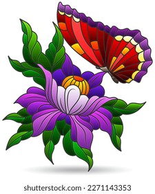 Illustration in the style of stained glass with glass on flowers and butterflies, figures isolated on a white background