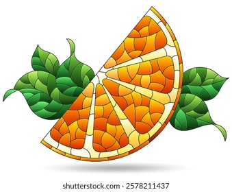 Illustration in the style of stained glass with orange slice, fruit isolated on a white background