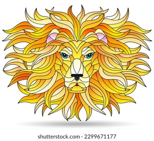 Illustration in the style of stained glass with portrait of lion,animal muzzle isolated on a white background