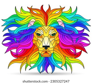 Illustration in the style of stained glass with portrait of lion,animal muzzle isolated on a white background