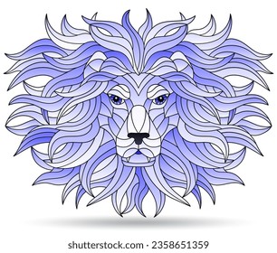 Illustration in the style of stained glass with portrait of lion,animal muzzle isolated on a white background, tone blue