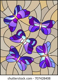 illustration in the style of stained glass with the purple abstract butterflies on a brown background