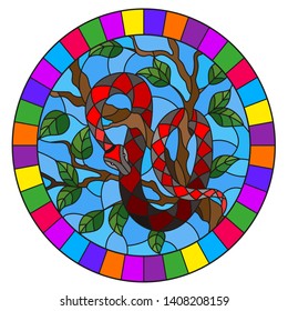Illustration in the style of stained glass with red snake on the tree on blue background, oval image in bright frame 