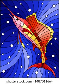 Illustration in the style of stained glass with a red fish sail on the background of water and air bubbles