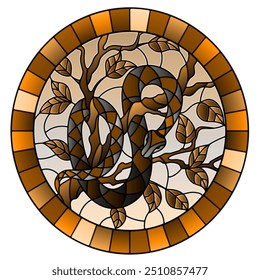 Illustration in the style of stained glass with red snake on the tree , oval image in frame, tone brown